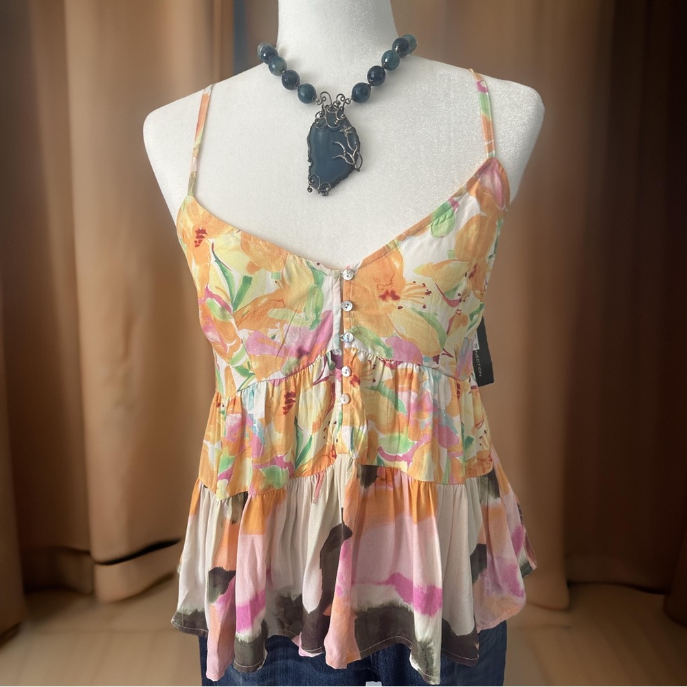 $78 French Connection Women Orange V-Neck Button Placket Cami Tank Top Size US 6